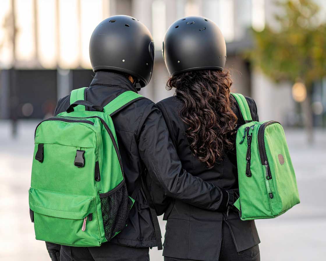Deux motard vus de dos, avec chacun un sac vert sur le dos